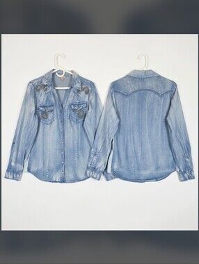 Reba Embroidered Stonewashed Denim Shirt Knit Side Panels Lg